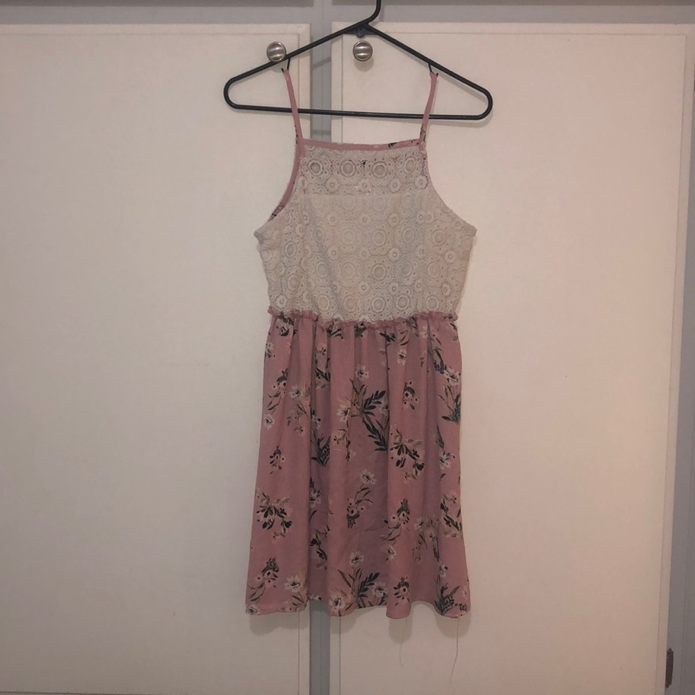 Pink and white dress flowers on bottom embroidered white top
